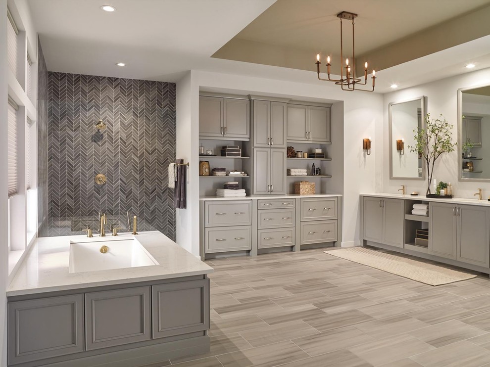 Doorless shower - huge transitional master multicolored tile beige floor doorless shower idea in Indianapolis with gray walls