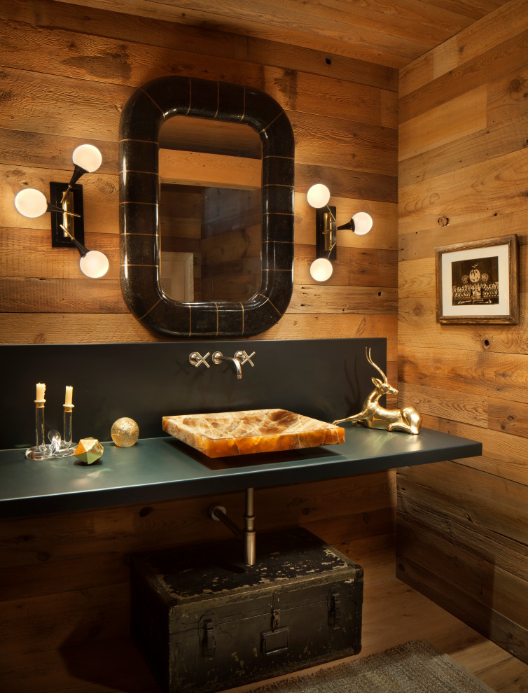 This is an example of a large rustic cloakroom in Other with open cabinets, green cabinets, medium hardwood flooring, a vessel sink, a floating vanity unit, a wood ceiling, wood walls, brown walls, brown floors and green worktops.