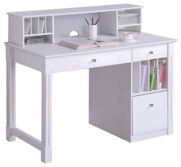 Deluxe White Wood Computer Desk, With Hutch