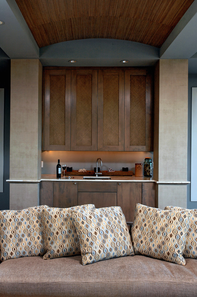 Mid-sized transitional l-shaped light wood floor open concept kitchen photo in DC Metro with an undermount sink, medium tone wood cabinets, marble countertops, mosaic tile backsplash, paneled appliances and an island