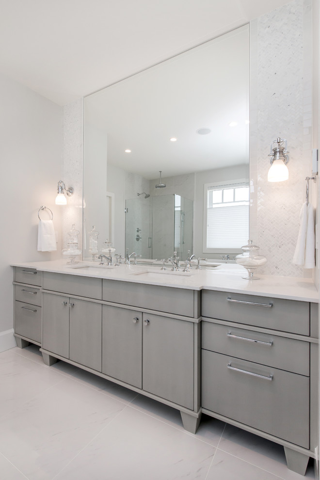 Inspiration for a large transitional master multicolored tile and ceramic tile ceramic tile corner shower remodel in Calgary with an undermount sink, flat-panel cabinets, gray cabinets, quartz countertops and white walls