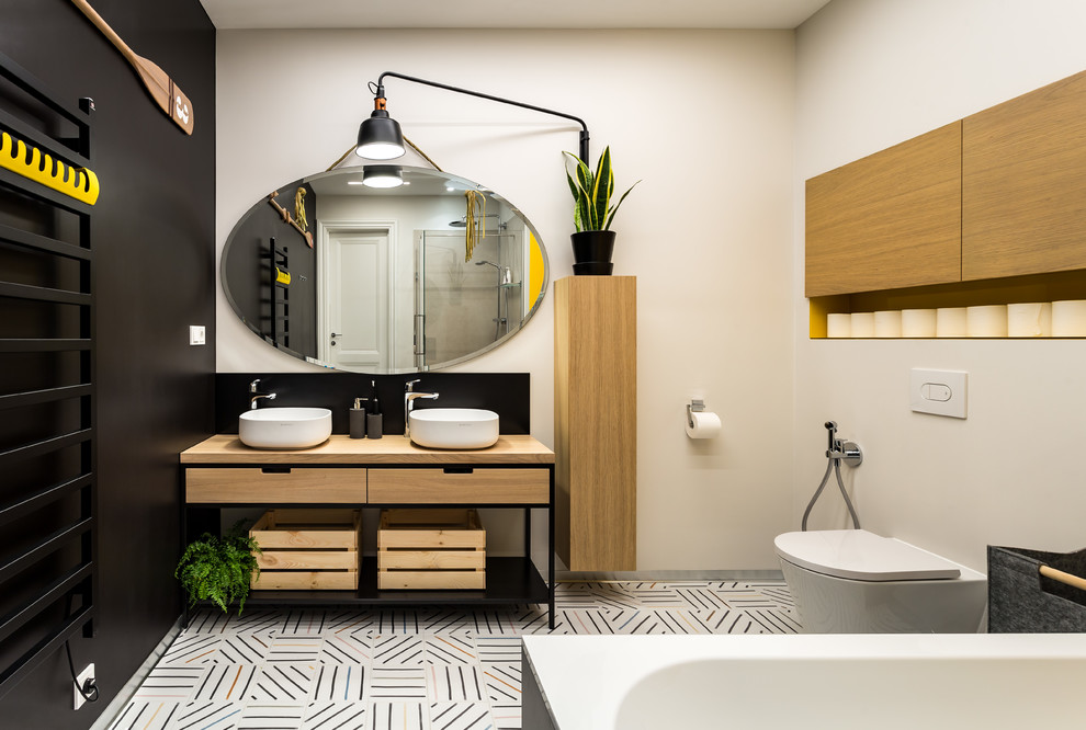Design ideas for a mid-sized contemporary 3/4 bathroom in Saint Petersburg with open cabinets, black cabinets, a freestanding tub, a corner shower, a wall-mount toilet, beige walls, ceramic floors, a drop-in sink, wood benchtops, multi-coloured floor, a hinged shower door and beige benchtops.