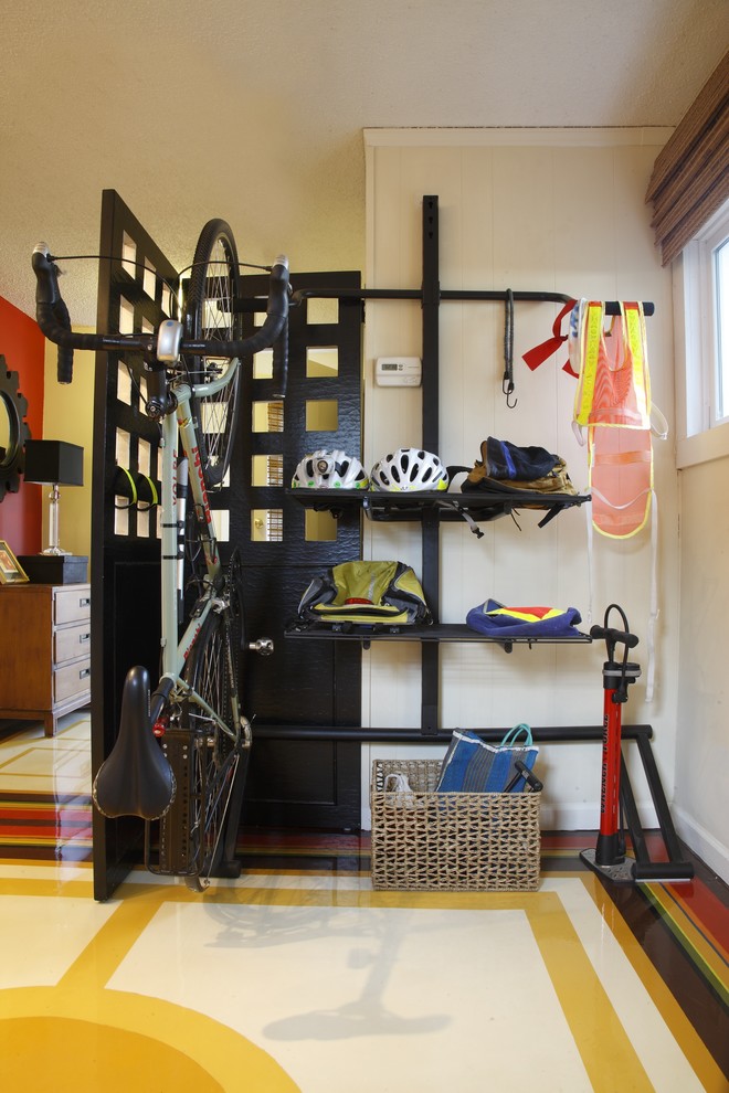 Mudroom - contemporary multicolored floor mudroom idea with beige walls