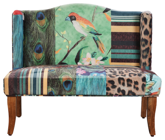 45 Inch Settee Loveseat Bench Handcrafted Wingback Design Bird Collage Print