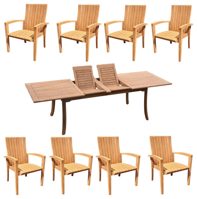 9Piece Outdoor Teak Dining Set 117" Rectangle Table, 8 Goa Stacking