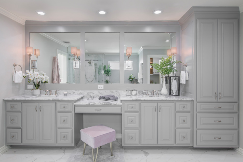 This is an example of a large transitional master bathroom in Other with raised-panel cabinets, grey cabinets, an undermount tub, a curbless shower, a two-piece toilet, multi-coloured tile, ceramic tile, grey walls, ceramic floors, an undermount sink, quartzite benchtops, multi-coloured floor, a hinged shower door, multi-coloured benchtops, a shower seat, a double vanity and a built-in vanity.