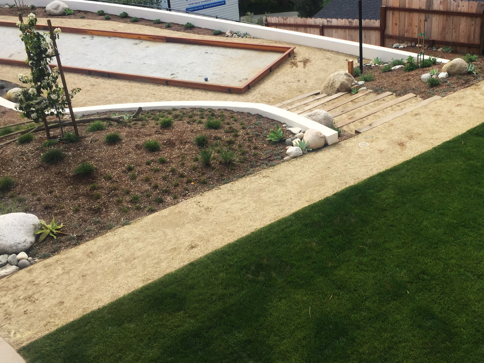Großer Moderner Kiesgarten hinter dem Haus mit direkter Sonneneinstrahlung in San Diego