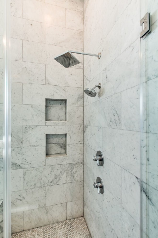 Photo of a large modern master bathroom in Houston with gray tile, white tile, flat-panel cabinets, a drop-in tub, a corner shower, an undermount sink, grey cabinets, a two-piece toilet, marble, grey walls, cement tiles, engineered quartz benchtops, multi-coloured floor and a hinged shower door.