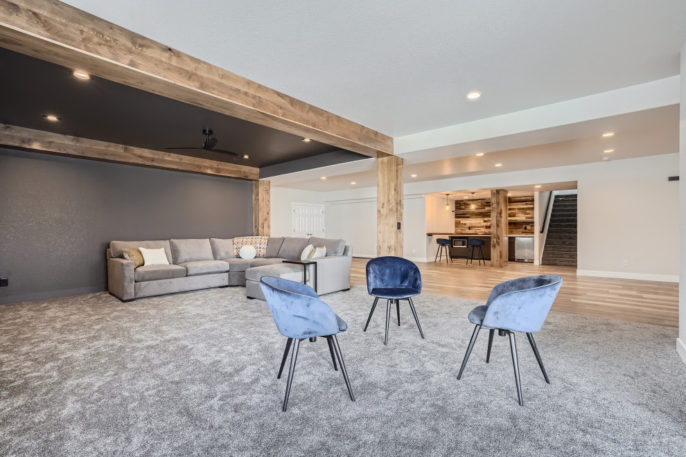 Example of a huge minimalist walk-out basement design in Denver with gray walls