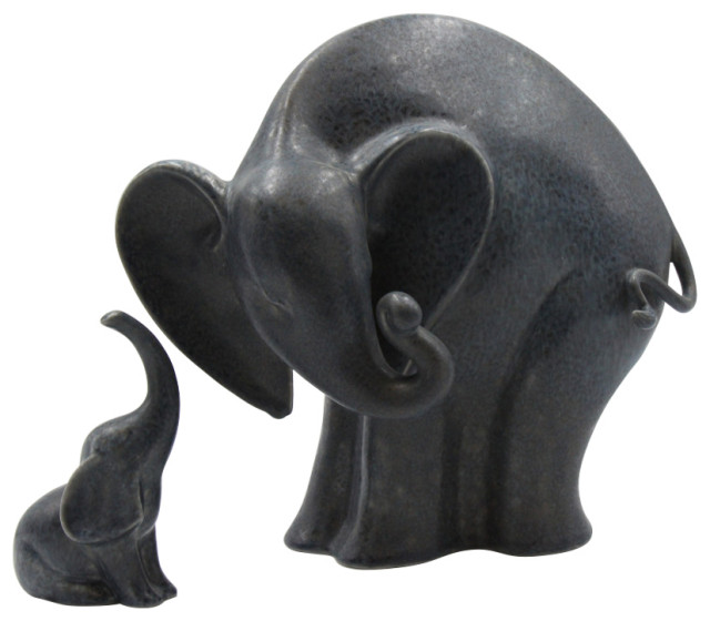 Dark Grey Mama with Baby Elephant Standing Figurine