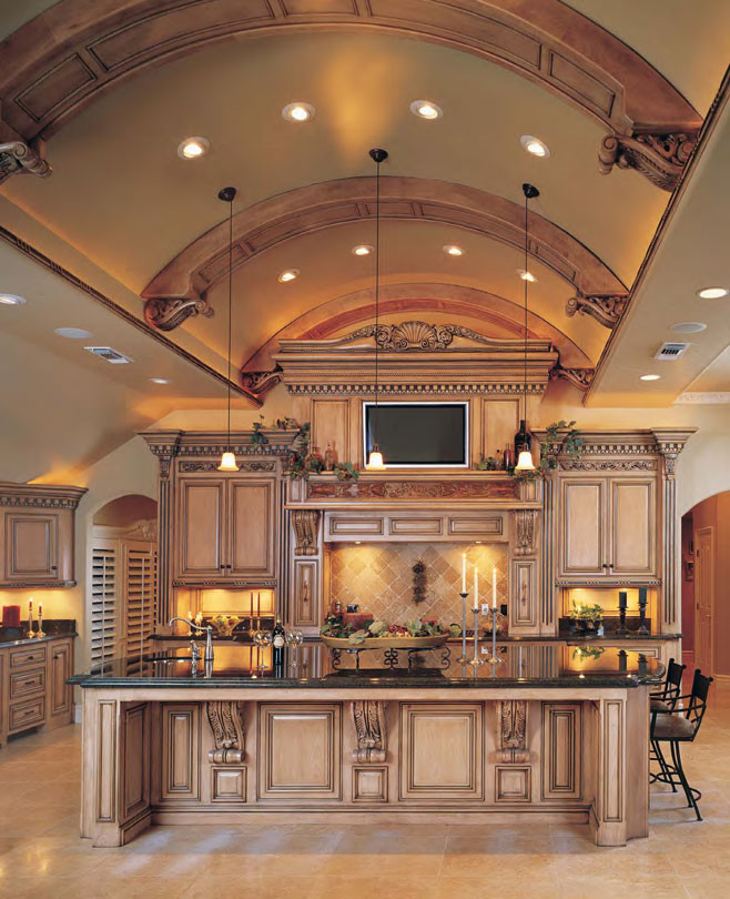 Inspiration for a large traditional u-shaped eat-in kitchen in Louisville with raised-panel cabinets, light wood cabinets, granite benchtops, beige splashback, ceramic splashback, ceramic floors and with island.