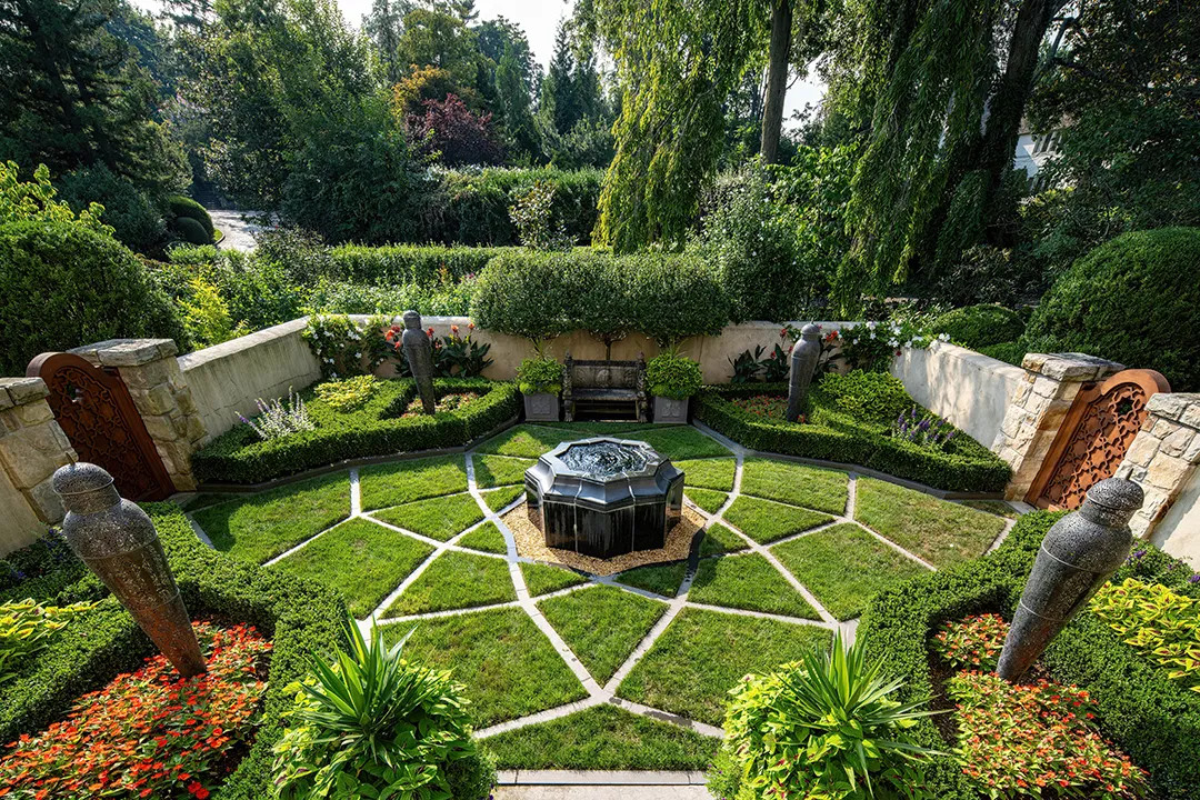 European Statue Garden with Annuals