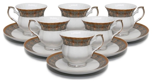 Royalty Porcelain 12-pc "Fleur-de-Lis" Tea Coffee Set, 24K Gold Bone China  - Mediterranean - Teacups - by GIFTS PLAZA | Houzz