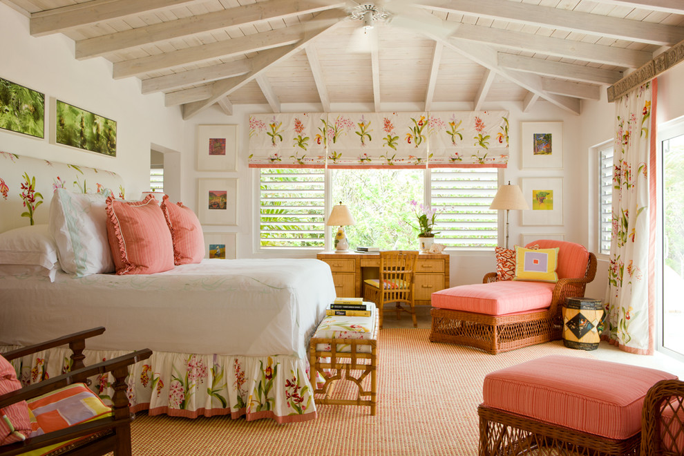 Design ideas for a tropical bedroom in Boston with white walls.