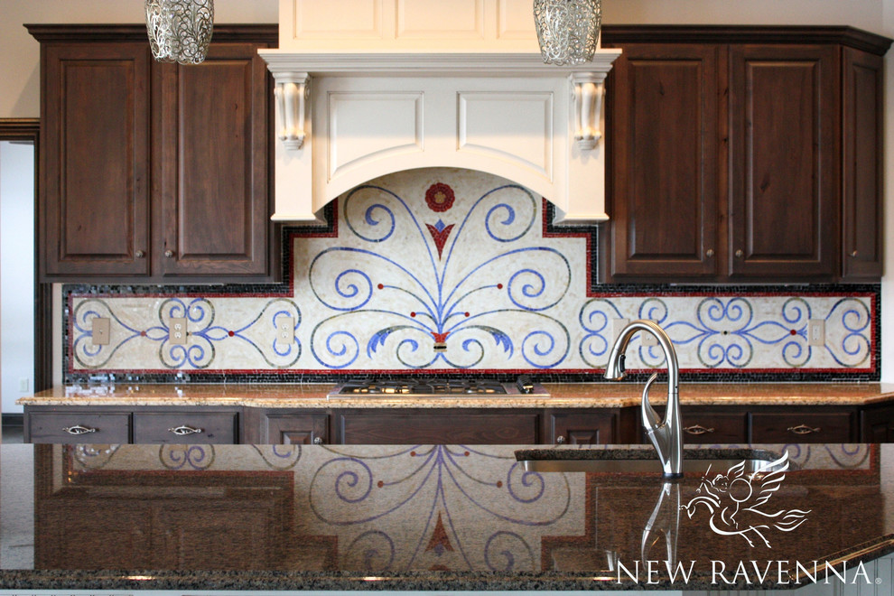Kitchen - contemporary kitchen idea with raised-panel cabinets, dark wood cabinets, granite countertops, multicolored backsplash, mosaic tile backsplash, stainless steel appliances and an island