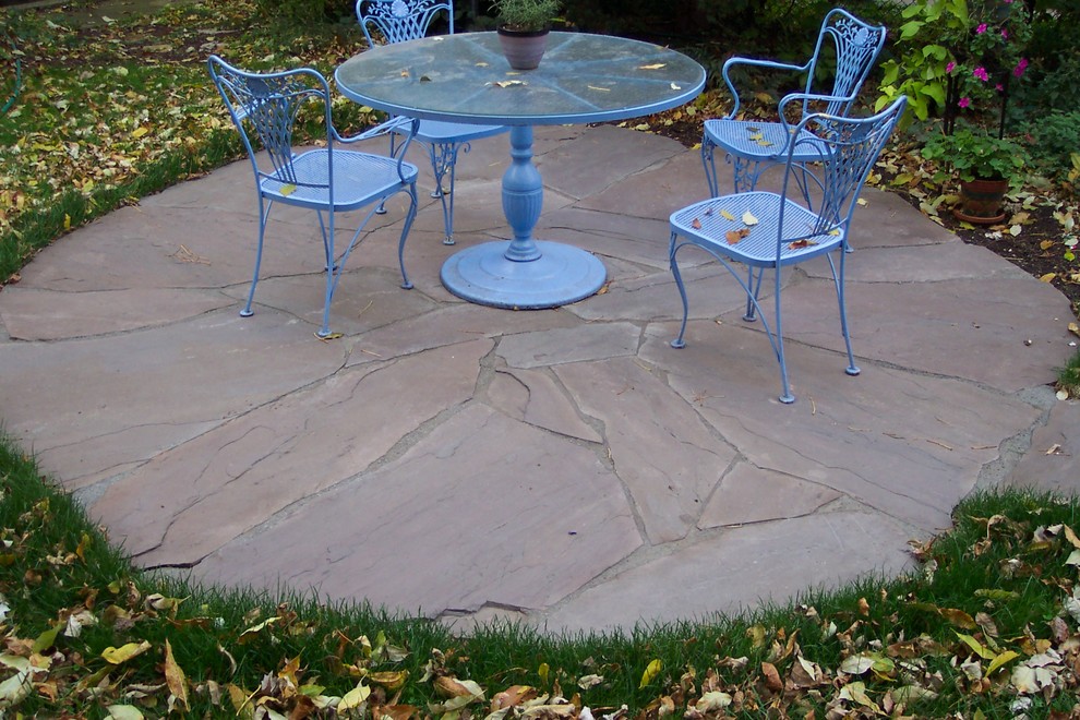 Photo of a small transitional backyard patio in Chicago with natural stone pavers and no cover.