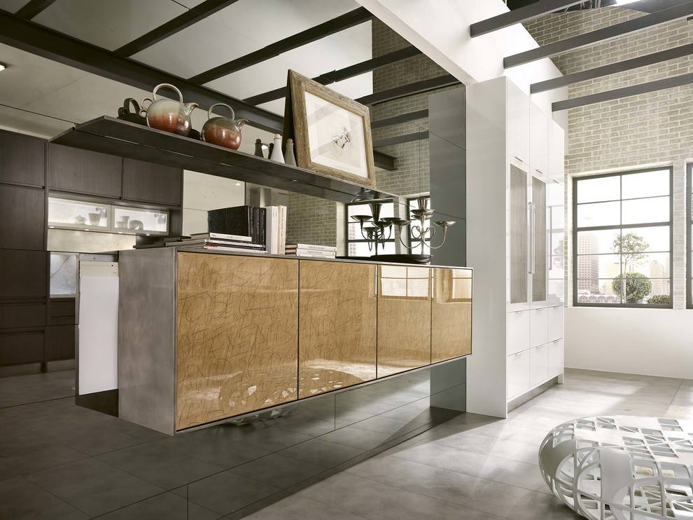 Open concept kitchen - transitional galley open concept kitchen idea with flat-panel cabinets