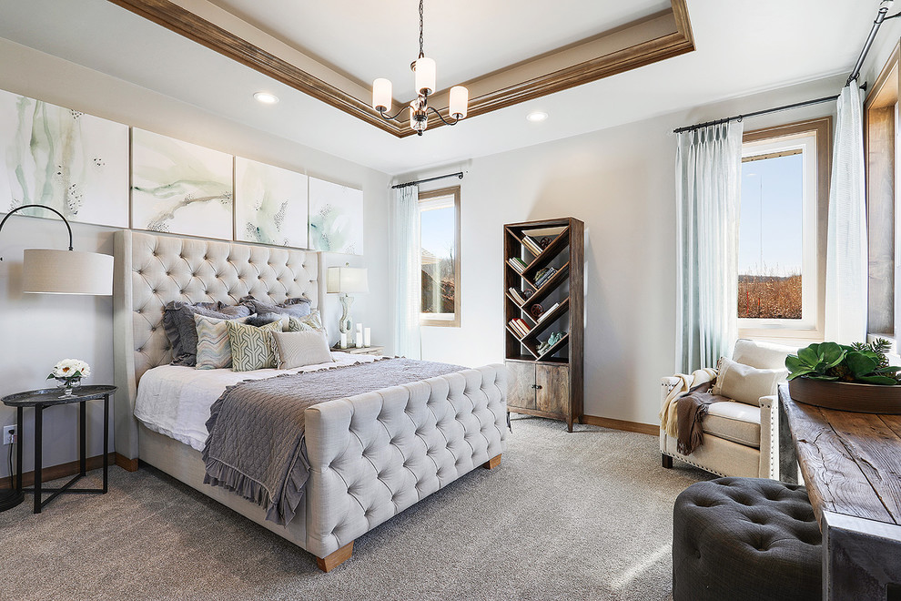 Inspiration for a transitional master bedroom in Other with carpet, grey floor and white walls.