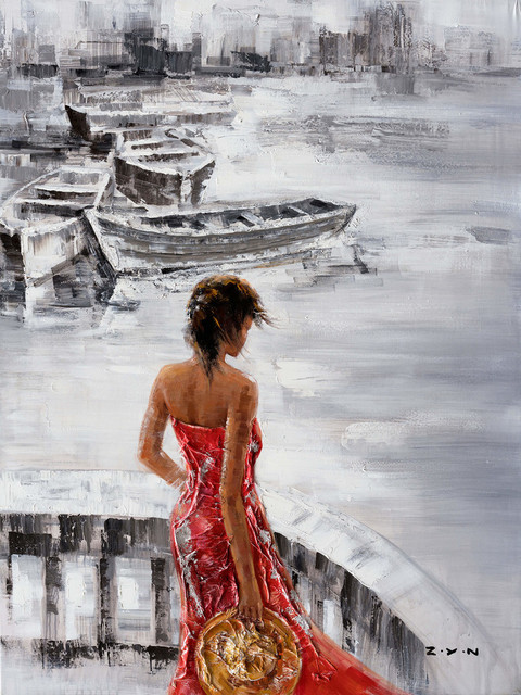 "Waiting at Sea" Hand Painted Canvas Art, 36"x48"