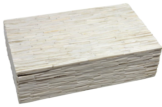 Elegant Natural White Tiled Decorative Box, 15" Inlaid Trinket Cream Classic