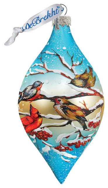Hand Painted Scenic Glass Ornament Winter Bird Drop Traditional Christmas Ornaments By G Debrekht