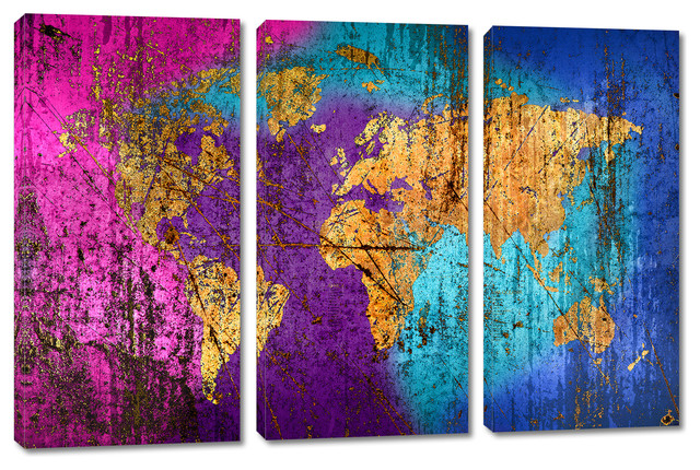 Abstract Mixed Art World Map, Canvas Print, 3 Panel Split, Triptych ...