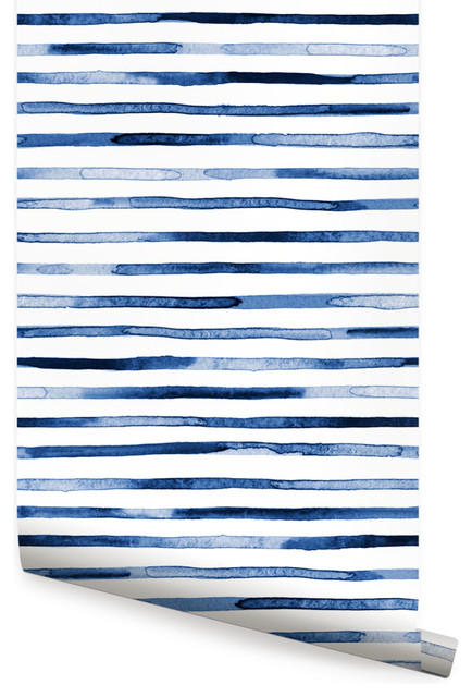 Watercolor Stripes Peel and Stick Vinyl Wallpaper, Blue, 24"w X 108"h