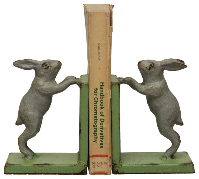 2Tone Cast Iron Rabbit Bookends, Set of 2, Grey and Green Farmhouse