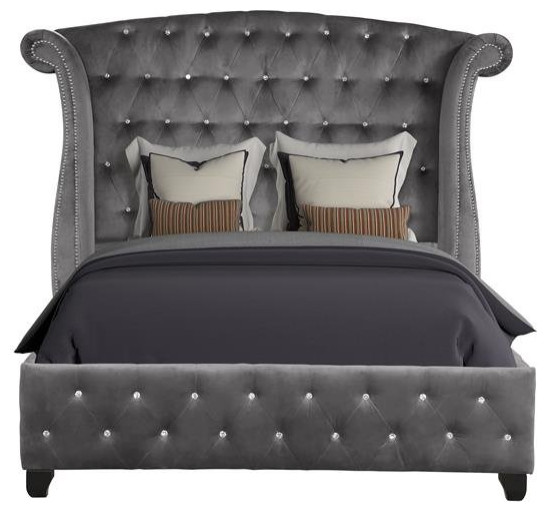 Sophia Crystal Tufted Upholstery Queen Size Bed finished with Wood in Gray