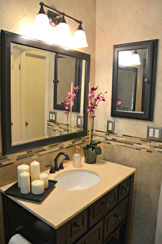 Mid-sized contemporary master bathroom in DC Metro with an undermount sink, furniture-like cabinets, dark wood cabinets, granite benchtops, an alcove tub, an alcove shower, a two-piece toilet, multi-coloured tile, mosaic tile, beige walls and ceramic floors.