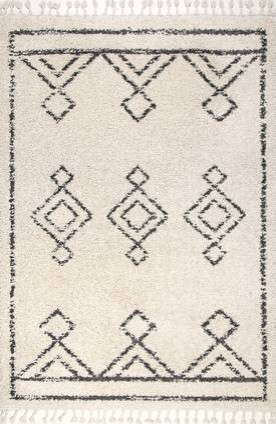 Contemporary Moroccan Shag Diamond Tassel Area Rug, Off-White, Off White, 12'X