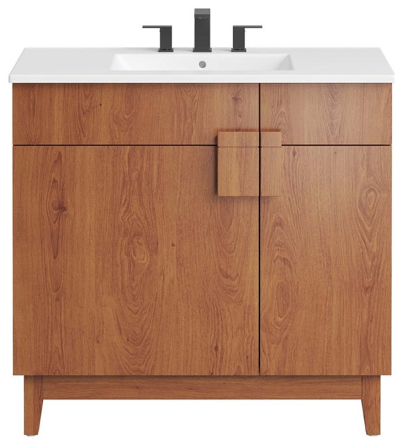 Modway Miles 36" Wood Bathroom Vanity with Tapered Legs in White/Walnut ...