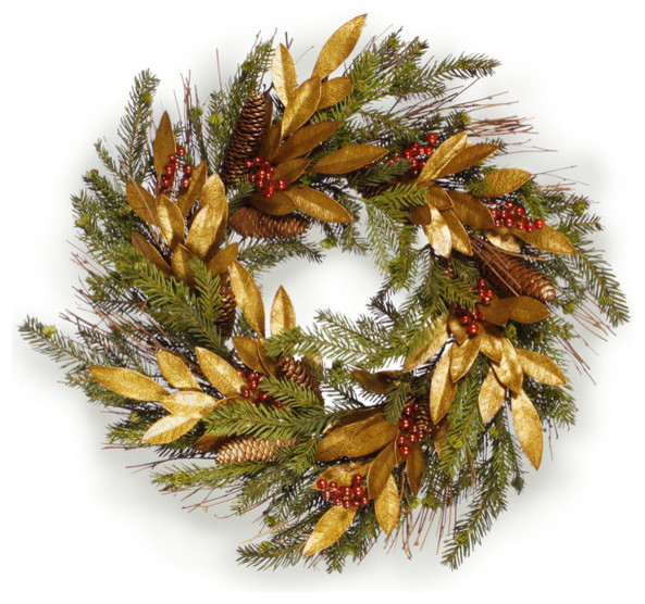 Pine and Gold Leaf Wreath 24 inch