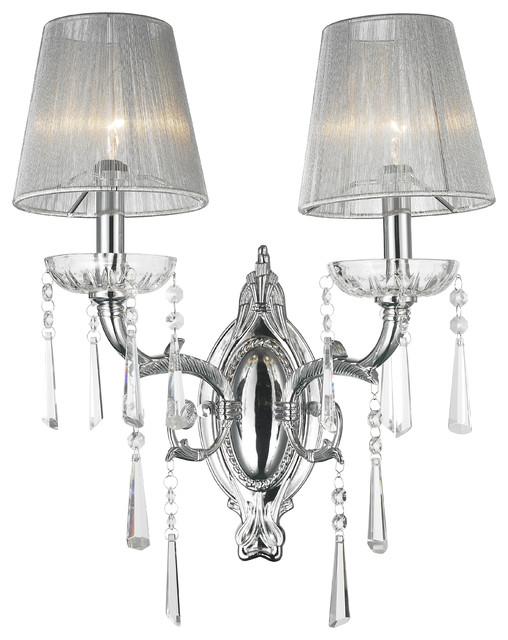 Orleans 2-Light Chrome Finish and Crystal Large Wall Sconce, White String Shade