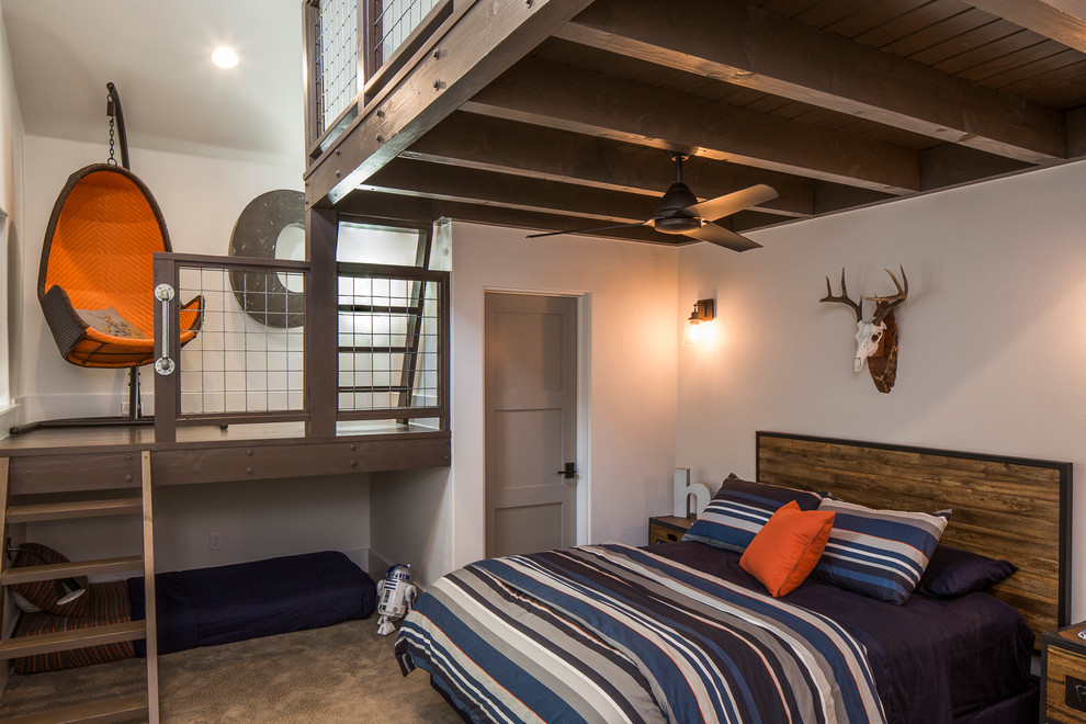 Mid-sized country loft-style bedroom in Austin with white walls, carpet and no fireplace.