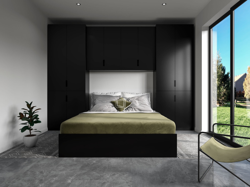 Стильный дизайн: гостевая спальня (комната для гостей) в стиле модернизм с белыми стенами, полом из винила и серым полом без камина - последний тренд