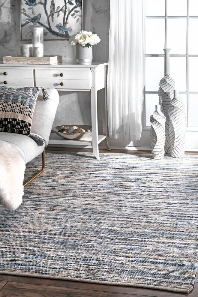 Faded Denim Stripes Area Rug, Blue Contemporary Area Rugs by