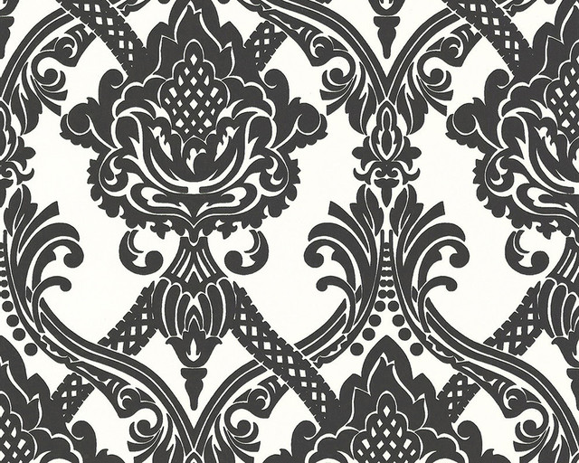 Modern NonWoven Wallpaper For Accent Wall Black and White Scroll Wallpaper, Contemporary