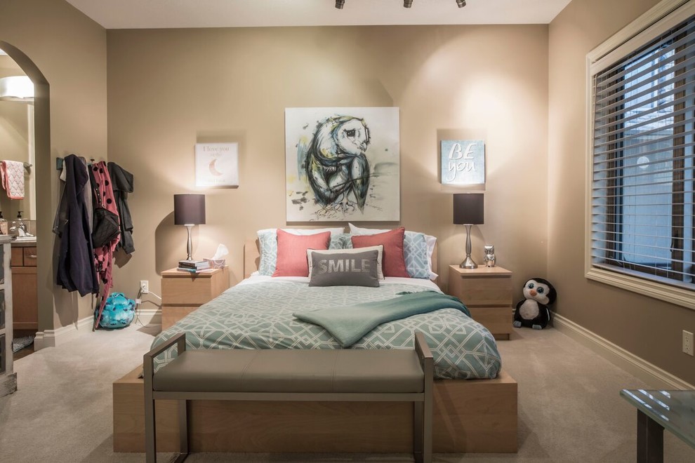 Design ideas for a large contemporary kids' room for girls in Calgary with brown walls, carpet and beige floor.