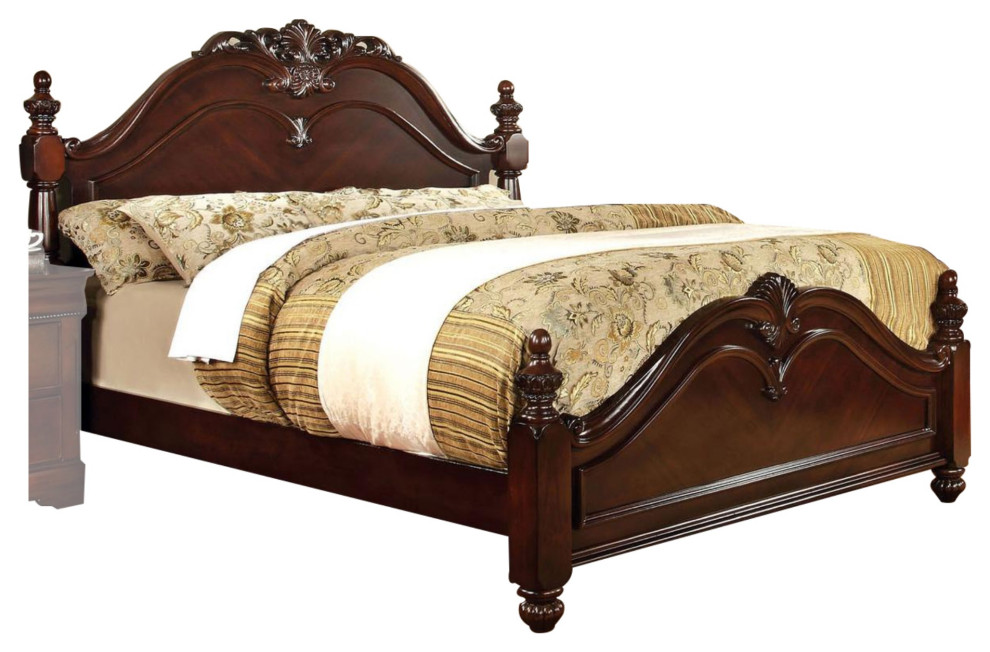 Traditional Style California King Wooden Bed With Floral Carvings, Brown Victorian Panel