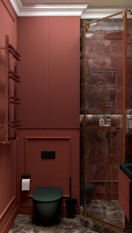 Свежая идея для дизайна: туалет: освещение в стиле неоклассика (современная классика) с инсталляцией, коричневой плиткой, мраморной плиткой, красными стенами, мраморным полом, накладной раковиной, коричневым полом и встроенной тумбой - отличное фото интерьера