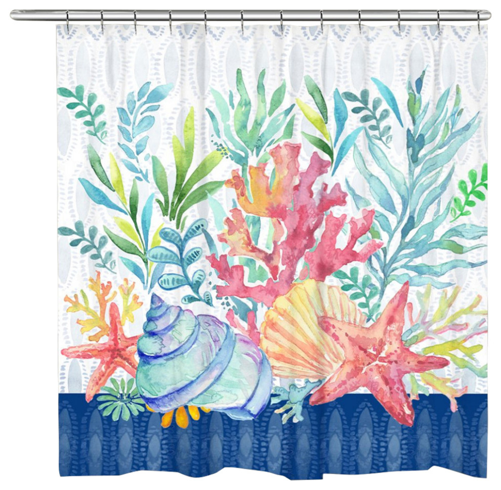 Blue Coastal Coral Shower Curtain Beach Style Shower Curtains by