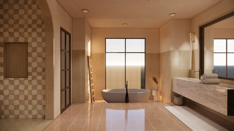Идея дизайна: главная ванная комната среднего размера в стиле фьюжн с плоскими фасадами, темными деревянными фасадами, отдельно стоящей ванной, открытым душем, инсталляцией, разноцветной плиткой, керамогранитной плиткой, столешницей из известняка, розовым полом, открытым душем, сиденьем для душа, тумбой под две раковины и подвесной тумбой