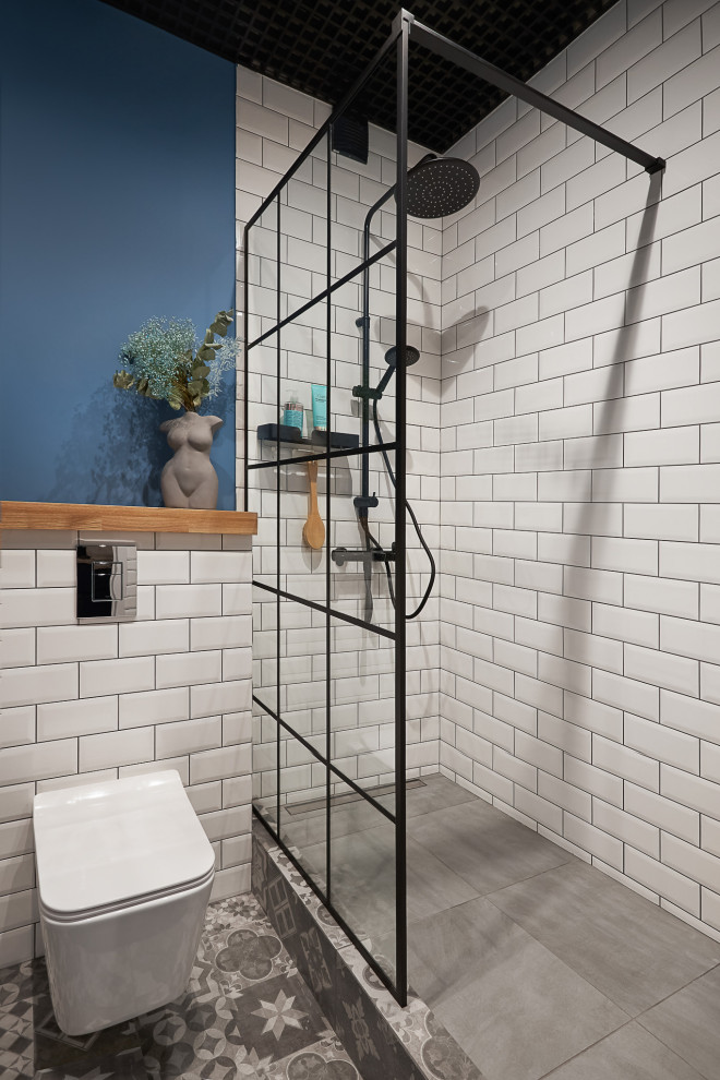 Design ideas for a small contemporary 3/4 bathroom in Moscow with open cabinets, medium wood cabinets, an open shower, a bidet, white tile, subway tile, white walls, ceramic floors, a vessel sink, wood benchtops, grey floor, an open shower, beige benchtops, a single vanity, a floating vanity, exposed beam and wood walls.