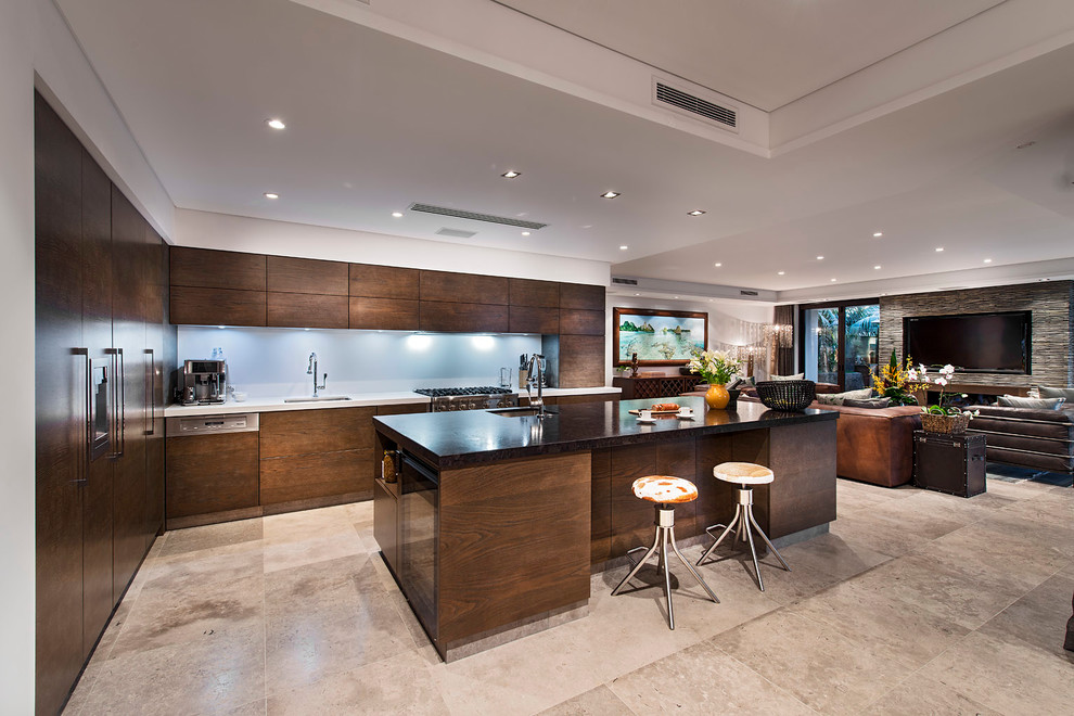 Contemporary l-shaped open plan kitchen in Perth with an undermount sink, flat-panel cabinets, dark wood cabinets, panelled appliances and with island.