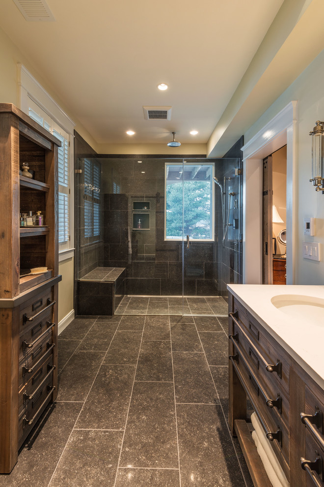 Inspiration for a large country master bathroom in DC Metro with recessed-panel cabinets, distressed cabinets, an open shower, brown tile, ceramic tile, beige walls, ceramic floors, an undermount sink and granite benchtops.