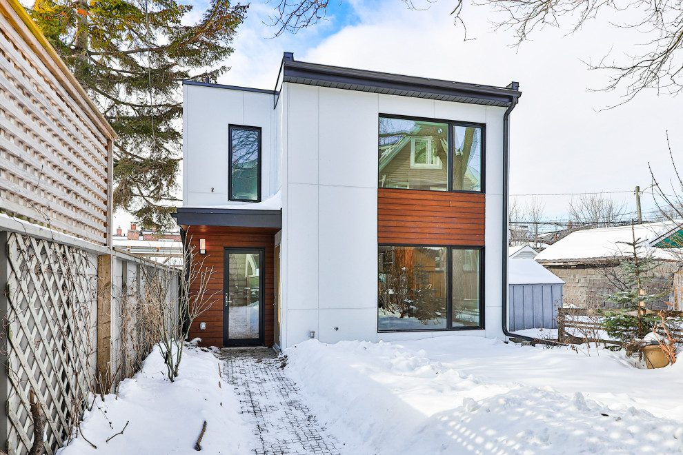 Ispirazione per la micro casa piccola bianca classica a due piani con rivestimento con lastre in cemento, tetto piano, copertura verde e tetto nero