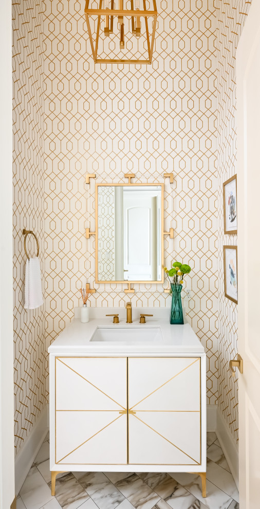 This is an example of a small classic cloakroom in Houston with white cabinets, multi-coloured walls, porcelain flooring, quartz worktops, white floors, white worktops, a freestanding vanity unit, wallpapered walls, flat-panel cabinets and a submerged sink.