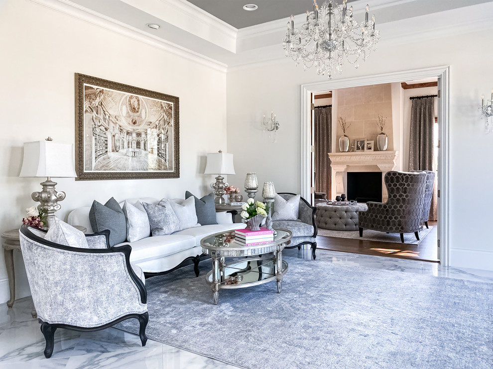 Inspiration for a transitional open concept living room in Dallas with a music area, white walls, porcelain floors, white floor and recessed.
