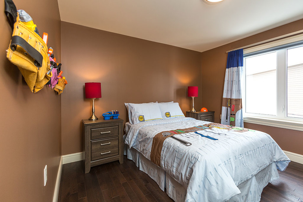 This is an example of a mid-sized traditional kids' bedroom for kids 4-10 years old and boys in Other with brown walls, dark hardwood floors and brown floor.